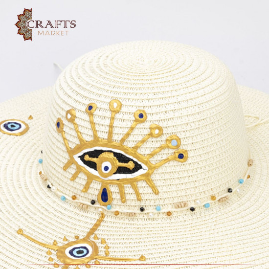 Handmade Beige straw hat with golden eyes design