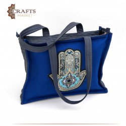 حقيبة من الكتان مصنوعة يدوياً لون كحلي بتصميم كف باللون الأزرق