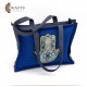 Handmade linen bag in navy color with a blue palm design