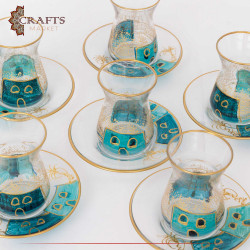 Glass Tea Cup Set with "Village" Design, 12PCs
