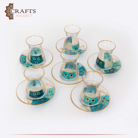 طقم فناجين شاي من الزجاج مزين يدوياً بتصميم القرية، 12 قطعة