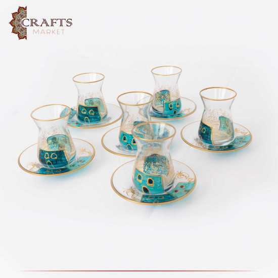 Glass Tea Cup Set with Village Design, 12PCs