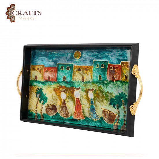 Hand-decorated Plastic & Wood Tray with the Village Design 