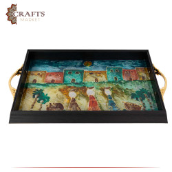 Hand-decorated Plastic & Wood Tray with the "Village" Design 