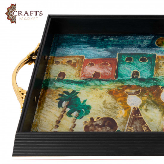 Hand-decorated Plastic & Wood Tray with the Village Design 