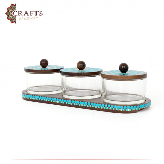Triple Serving Dish Set of Wood & Glass with Mandala Design, 7 pieces