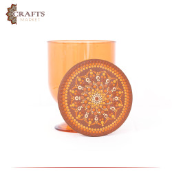 Hand-Decorated  Acrylic Serving Dish with Wooden lid "Mandala" Design, Honey Color
