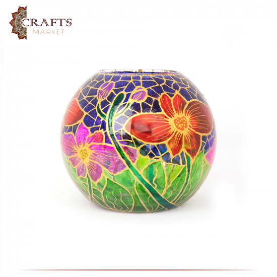 فازا دائرية زجاجية مزينة يدوياً بألوان متعددة بتصميم زهور
