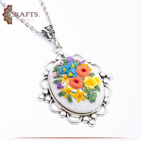 Handmade Silver Toned Base Metal Necklace in a flower Embroidered Design 