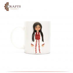 A mug designed with a girl in a peasant dress
