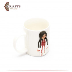 A mug designed with a girl in a peasant dress