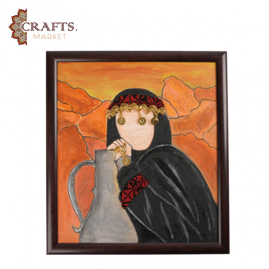 A hand-painted wall hanging featuring a woman in traditional Jordanian attire