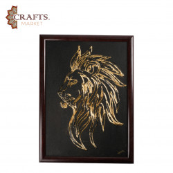 A hand-painted wall hanging featuring a golden lion design A hand-painted wall hanging featuring a golden lion design