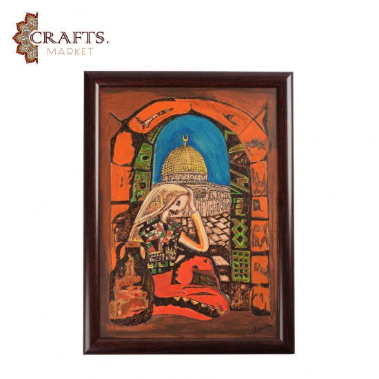 A hand-painted wall hanging featuring a Palestinian woman and the Dome of the Rock design