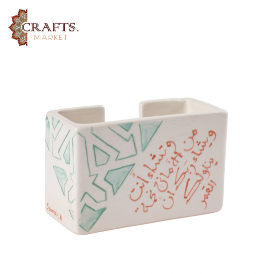 Handmade contemporary clay card holder decorated with Arabic calligraphy