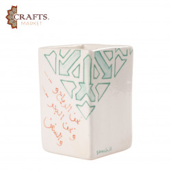 Square desk pen holder made of hand-decorated clay with Arabic calligraphy