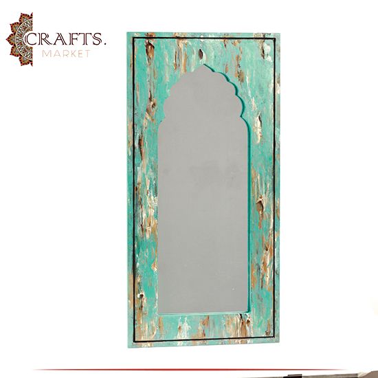 مرآة للحائط بإطار خشبي مزخرف يدوياً لون فيروزي 