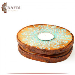 Hand-painted Natural Wooden Candle Holder with a Mandala Design
