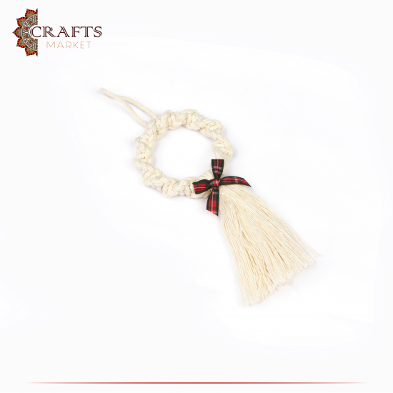 Handmade Off-White Cotton Ornament in a Christmas Wreath with Tassels Design