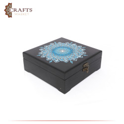  Hand-painted Black Swedish Wooden Box adorned with Dotting art "Mandala" design 
