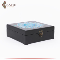 Hand-painted Black Swedish Wooden Box adorned with Dotting art "Mandala" design 