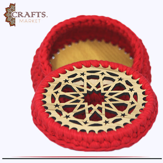 Handmade Crochet Fabric Red Box adorned with Islamic decoration 