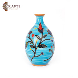 Handmade Blue Clay Vase in a mosaic design decorated with Botanical  drawing
