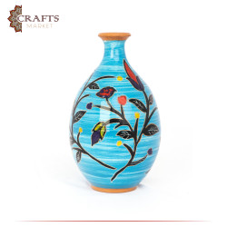 Handmade Blue Clay Vase in a mosaic design decorated with Botanical  drawing