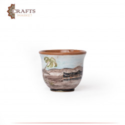 Handmade Clay Arabian Coffee Cup with a Bedouin house and palm Design