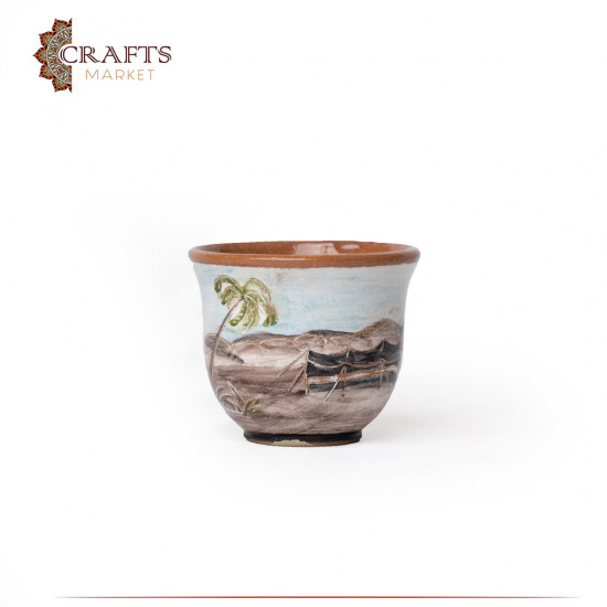 Handmade Clay Arabian Coffee Cup with a Bedouin house and palm Design