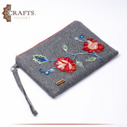Handmade Grey Fabric Women's Clutch Bag with a "Flowers" design