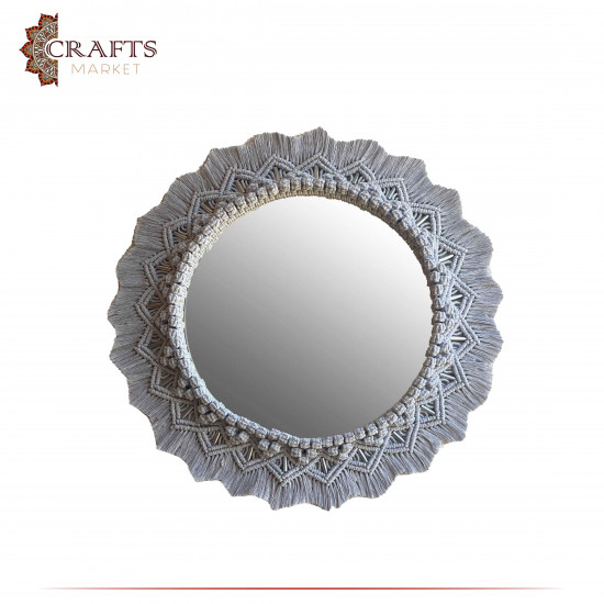Handmade Gray Cotton Macrame Aisle Mirror in Stylized design